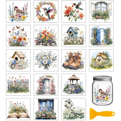 GLOBLELAND 18 Sheets 3.9x3.6inch Retro Flowers Birds Rub on Transfer Colorful Garden Vase Home Decals Plant Flowers Cup Transfer Stickers for Furniture Vase Glass Art Crafts Decorations - style: Wildflowers Birds