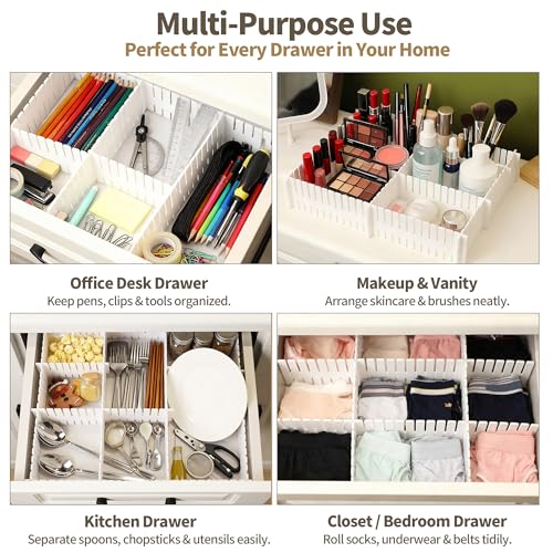 Drawer Divider Adjustable Diy Storage Organizer Separator for Tidying Clutter Cutlery Makeup Clothes of Dresses, Desk & Box in Kitchen Bathroom Bedroom Office (Cut at Will) (White 32PCS) - color: White 32pcs