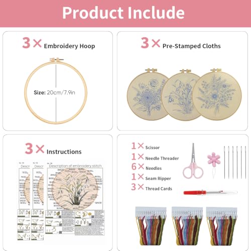 3 Packs Embroidery Kit for Adults, Embroidery for Beginners (Floral) - color: Floral