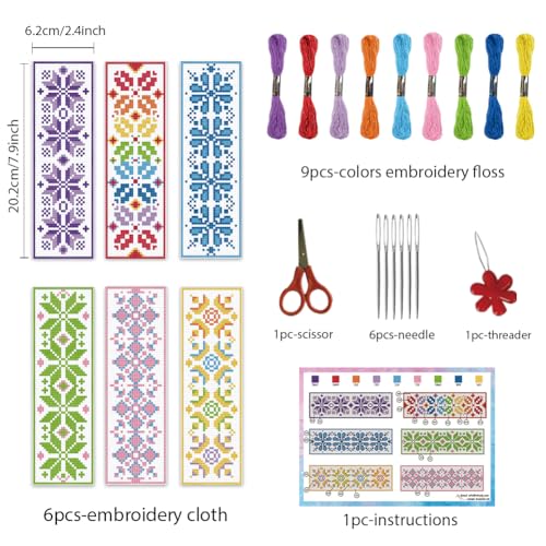 INFUNLY 6PCS Flower Cross Stitch Bookmark Kit for Beginners 8.66"×3.15" Boho Plaid Flowers Embroidery Bookmark Kits Geometric Pattern Cross Stitch Kit with Instruction for Book Lovers Reader Writers - style: Plaid Flowers