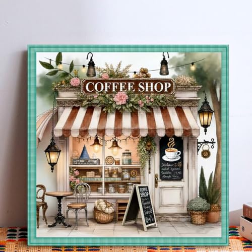 KYOQFVN Coffee Shop Cross Stitch Kits for Adults - House Embroidery Kits for Beginners Adults, 11 CT Patterns Dimensions Counted Cross Stitch Kits for Adults Arts Craft 14x14 inch - color: SZXCOFFEE-US