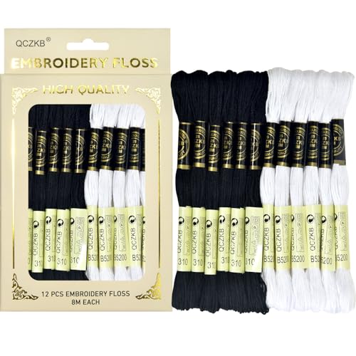 Premium Rainbow Color Embroidery Floss - Cross Stitch Threads - Friendship Bracelets Floss - Crafts Floss - 12 Skeins Per Pack Embroidery Floss,White Black - color: white black