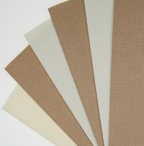 KCS 6 pc of 12" x 18"(30cmx45cm) 14CT Counted Cotton Aida Cloth Cross Stitch Fabric (Cream+Khaki) - color: Cream+khaki
