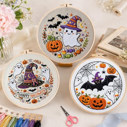 Halloween Embroidery Kit for Beginners with Pumpkin Ghost Patterns&Guide - color: Halloween