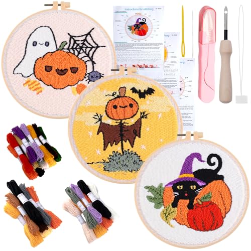 Halloween Punch Needle Kit Beginner-3 Sets DIY Embroidery Starter Kits - color: 05-pumpkin