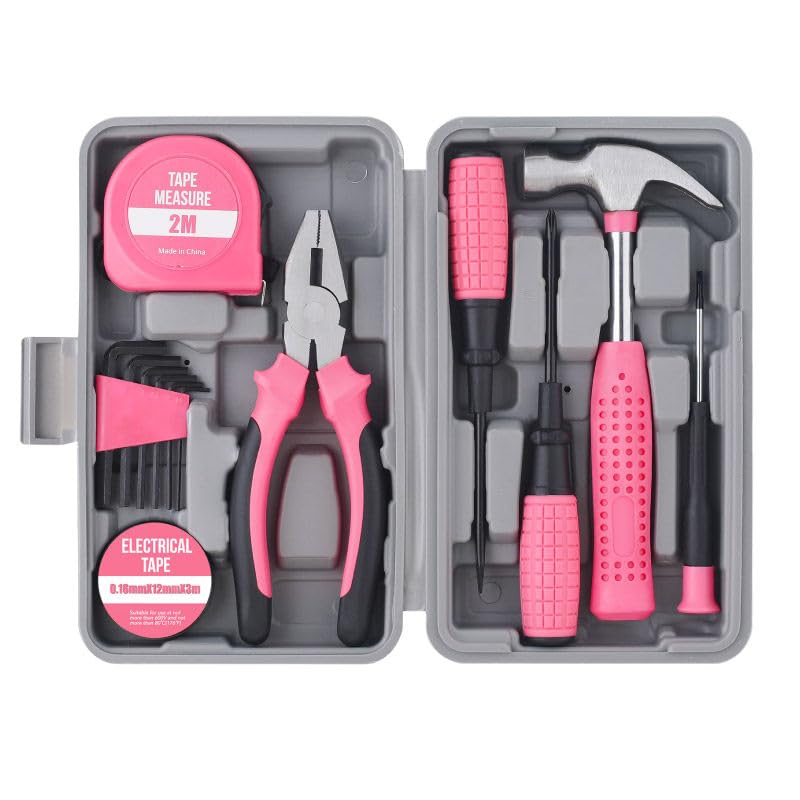 NIVOLT 13Pcs Pink Tool Set for Women, Household Hand Tool Kit with Hard Storage Case for Home Repair, Apartment, Dorm, DIY Projects, Gift for New Homeowners