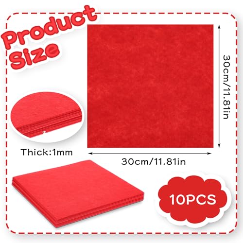 12" x 12" Squares Felt Sheets Fabric, 10Pcs Felt Fabric for Crafts, 1mm Thick Halloween Christmas Fabric Fall Felt Non-Woven Felt Paper for Sewing DIY Projects(Red) - color: Red
