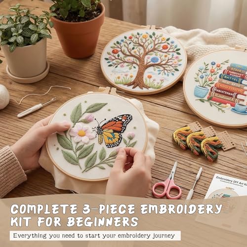 AZY 3-Piece Embroidery Kit for Beginners – Needlepoint Set with Pre-Printed Floral Patterns, Adjustable Hoop, Thread, Needles & Instructions for Cross Stitch Lovers (Embroidered Three-piece Set) - style: Embroidered three-piece set