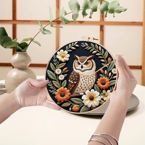 Ohcol Embroidery Kit Cross Stitch Kits for Beginners Needlepoint Kits for Adults Needle Point Kits with Owl & Hoop - color: Black - Owl