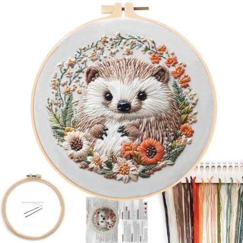 FONNUY Embroidery Kit for Beginners, Cute Hedgehog Stamped Embroidery Patterns Kits for Adults with Hoop, Easy to Follow Sewing Thread Needlework, 8'' Hoop (Tiny Ball) - color: Tiny Ball