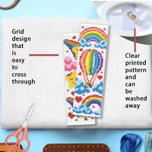 FREEBLOSS 6 Set Cross Stitch Bookmark Kit 11 CT Stamped Cross Stitch Kit DIY Embroidery Bookmark Kits for Adult Beginners with Instructions, Rainbow Pattern, 6 x 20 cm/8" x 2.4" - style: Rainbow Cloud