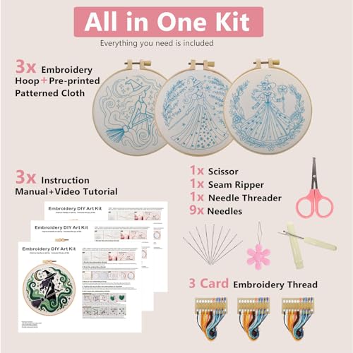 Embroidery Kit for Adults, Pre-Stamped Pattern Embroidery Kit for Beginners, Hand Needlepoint Starter Kit with Hoop Thread Needle Instruction, 7.9'' Hoop (Witch 3 Packs) - style: Witch 3 Packs
