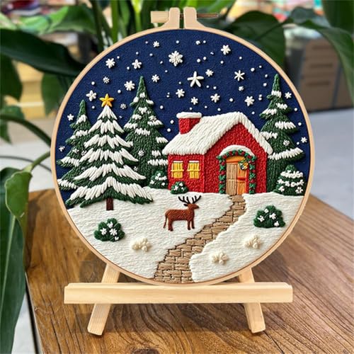 LB Christmas Embroidery Kit for Beginners Adults, 3 Sets Hand Embroidery Starter Kit with Fireplace Pattern and Instructions Stamped Cross Stitch Kits Include Embroidery Hoop Needles Threads Scissors - color: Blue