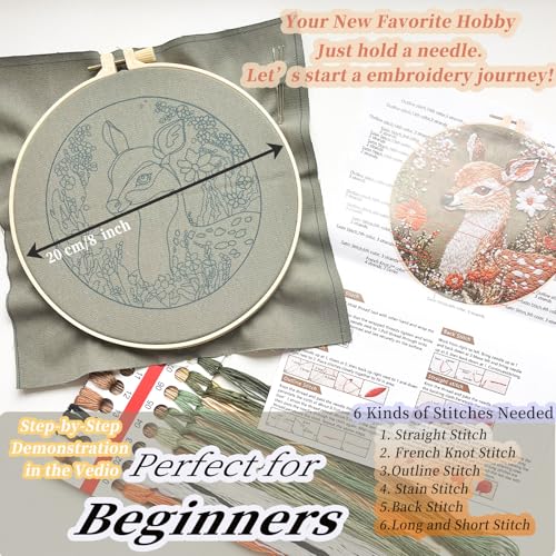 FONNUY Printed Deer and Floral Embroidery Kit with Hoop, Cross Stitch Kits for Beginners, Handmade Crafts, Easy to Follow Color Thread Needlework, 8'' Hoop (Deer and Daisies) - color: Deer and Daisies