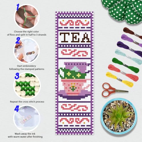 BEUNITONE 6 Pcs Cross Stitch Bookmark Kit for Beginner Coffee and Sweet Time Theme Hand Embroidery Kit with Instruction Tea Stamped Embroidery Bookmarks Handmade for DIY Crafts Book Lovers 8.5''x3'' - style: Afternoon Tea