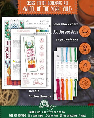 Povitrulya Cross Stitch Bookmark Kit Yule – Counted DIY Embroidery Set for Adults & Beginners, Witchy Pagan Wiccan Celtic Winter Solstice Needlework Gift for Christmas, Sabbat or Altar Decor