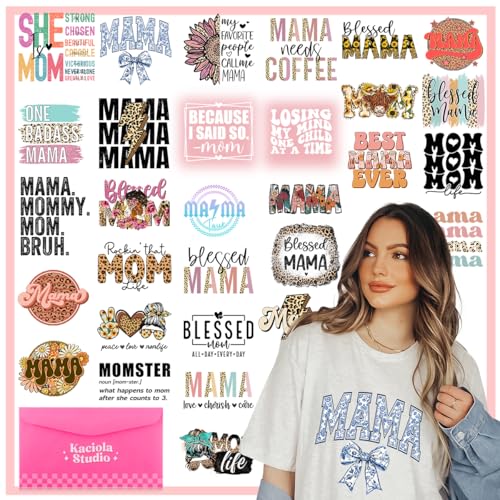 Kaciola 30 Sheets Mama DTF Transfers Ready to Press, Blessed Mama Iron on Transfers Stickers Mom Iron on Decals for T Shirts Hoodie DIY Crafts - color: Mama