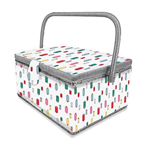 Sewing Basket with Colorful Spools Design - Sewing Kit Storage Box with Removable Tray, Built-in Pin Cushion and Interior Pocket - by Adolfo Design - color: Colorful Spools, size: Large - 12" x 9" x 6"