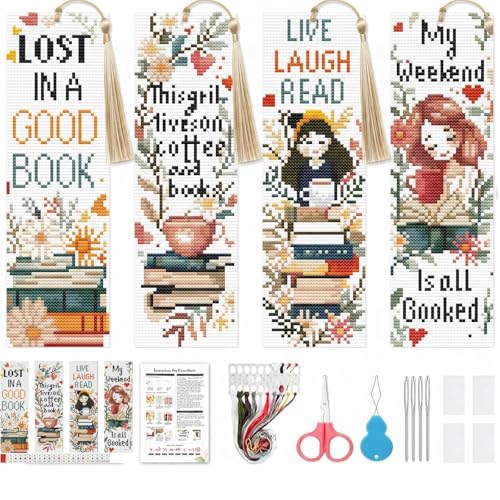 niurenmaoyi 4 Pack Coffee Bookmark Stamped Cross Stitch Kits for Beginner - color: Cross Stitch Kits0512-02