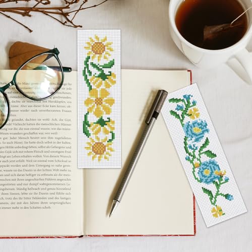 INFUNLY 6 Set Cross Stitch Bookmark Kit Rose Flower DIY Cross Stitch Kit 8"x2.4" Pre-Printed Sunflower Stamped Embroidery Bookmark with Instruction for Beginners Book Lovers Adults Craft Gift - style: Flowers