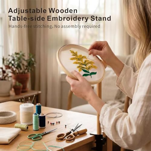 Wooden Adjustable Rotatable Embroidery Hoop Stand, No‑Assembly Holder with Inner Groove Anti‑Slip Design, Bonus Tools: Floral Patterns, Hoops, Scissors, Threader & Floss
