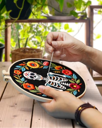 TINDTOP Embroidery Kit for Adult Beginners, Embroidery DIY Starter Kit, with Stamped Patterns, Hoop, Tools, Colorful Threads with Needles, Instructions (Skeleton A) - color: Skeleton A
