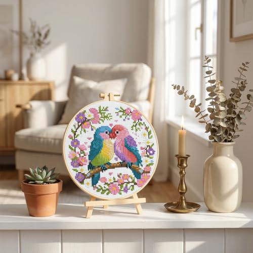 Stamped Cross Stitch Kits for Beginners Adults-Parrot,with Embroidery Hoop - color: Bird-2605