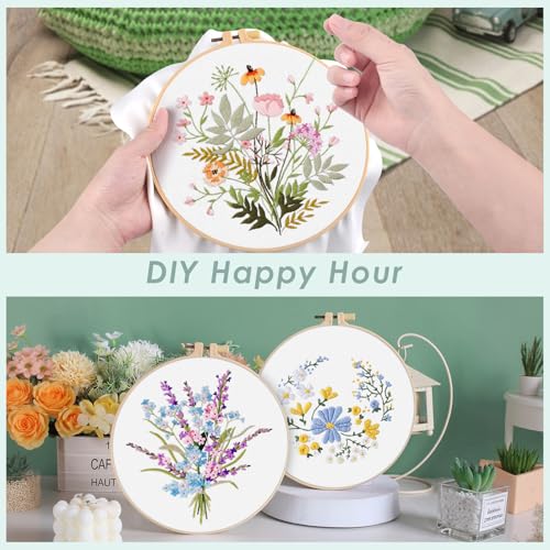 ERKOON Embroidery Kit for Beginners, 5 Sets Flower Cross Stitch Set for Adults Include Embroidery Cloth Hoops Threads for Craft Lover Hand Stitch with Skill Techniques (Flower) - color: Flower