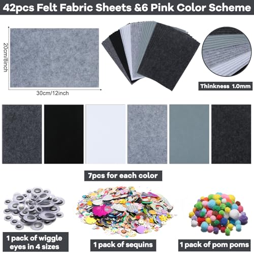 42Pcs Black Gray Fabric Sheets 8 x 12 Inch Assorted Soft Black Gray White Thick Felt Pack with Wiggle Google Eyes Pom Poms Glitter Patchwork Craft Supply for DlY Sewing Creative Art Project Decor - style: Black Series