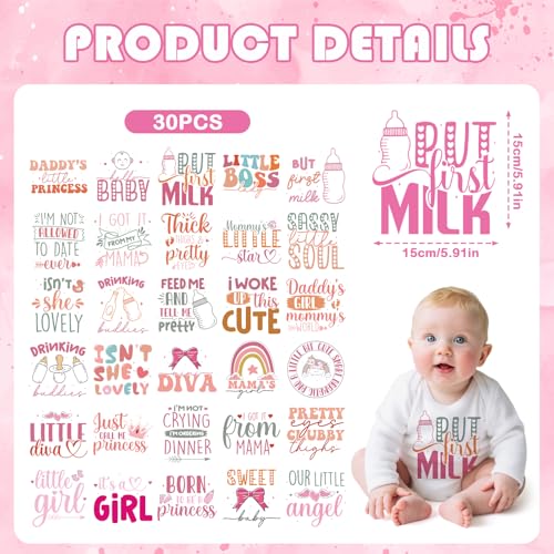 Girls DTF Transfers Ready to Press - Joybileefun 30 Sheets Baby Girls Iron On Transfers for T Shirts Cute Pink Baby Shower Heat Transfer Iron on Patches for Clothes Bag Pillow Covers DIY - style: Baby Girls Style