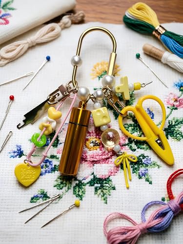 MEYAGO Needlepoint Bag Charm Tool Kit with Mini Embroidery Scissors, Needle Threader, Needle Holder Tube & Gold Keyring, Portable Embroidery Accessories for Cross Stitch Sewing DIY Crafts (Yellow) - color: Yellow