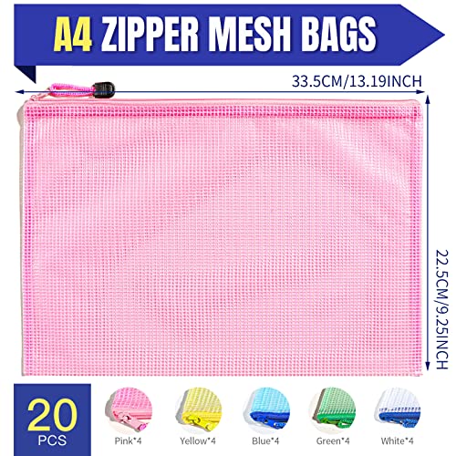 LEOBRO 20PCS Zipper Pouch, A4 Mesh Zipper Pouch Bags, Waterproof Bag, Mesh Bags for Classroom Organization, Toy Storage, School Supplies, Travel Essentials, File Jackets & File Pockets