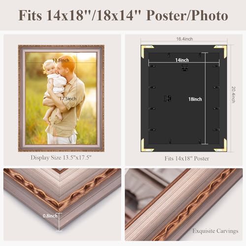 14x18 Frame Champagne Gold, Elegant Ornate 18x14 Picture Frame with Floral Trim, for 14 x 18inch Gallery Photo Pic with HD Plexiglass, 1.6in Widen 0.8in Thick, Horizontal Vertical Wall Display - color: Champagne Gold, size: 14x18in