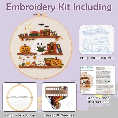 Nuberlic Halloween Ghost Reading Embroidery Kit for Beginners - color: HALLOWEEN