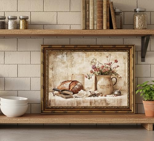 Gold Framed Vintage Kitchen Canvas Wall Art Farmhouse Rustic Cottage Sourdough Bread Still Life Paintings Pictures Wall Decor Posters Prints Artwork for Office Gallery Home Decoration - color: Bread, size: 11"L x 9"W