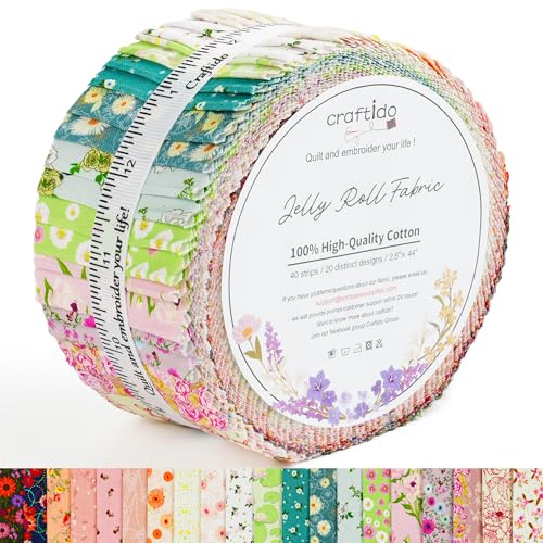 Craftido-20 Options-100% Cotton Jelly Roll Fabric Precut Strips for Quilting, Crafting, and Sewing, 40 Strips 2.5" x 44" Assorted Bundles for Rug, Quilt, DIY Craft and Home Decor-Fancy Waterlily Pond - color: Fancy Waterlily Pond