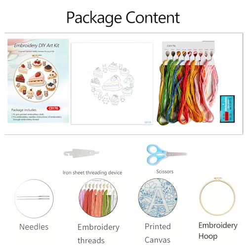 Zhenqing Strawberry Cake Embroidery Kit for Beginners, Pre-Printed 29x29cm Fabric with 20cm Hoop & Threads, Cute Dessert and Animal Design for Home Decor(C0176)