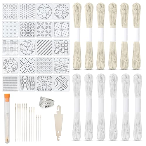 46 Pcs Sashiko Thread Kit Sashiko Needles Cotton Thimble Patterns （White） - color: white