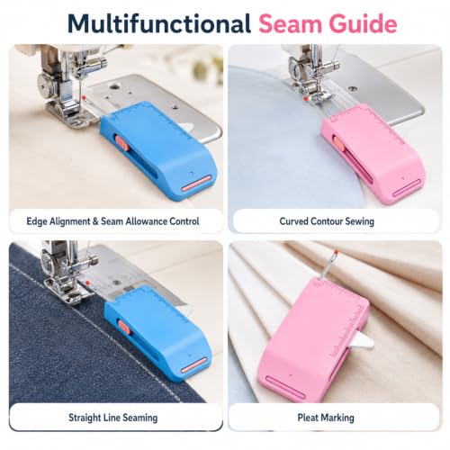 Magnetic Sewing Machine Sleeve Tool, 4-in-1 Edge Guide with Built-in Seam Ripper & Ruler Scale for Cuffs Plackets Topstitching, Multi-Functional Tool for Beginners (Blue+Pink)