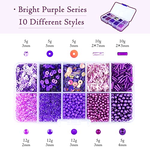 1 Box of Mixed Craft Beads Including Glass Bugle Seed Pearl Semi-Cupped Sequins Beads for DIY Arts Crafts Sewing Embroidery Clothing Jewelry Making (Purple, Assorted Size)
