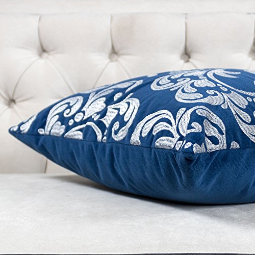 Embroidery Blue Velvet Throw Pillow Cover, Merry Christmas Series Silver Floral Luxury Soft Fuzzy Cozy Warm Slik Gift Square Couch Cushion Pillow Case 20 x 20 Inch, Cover Only - color: Silver Floral