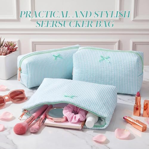 Sanwuta 3 Pcs Seersucker Pouch Cosmetic Bag Set,Mint Green - color: Mint Green