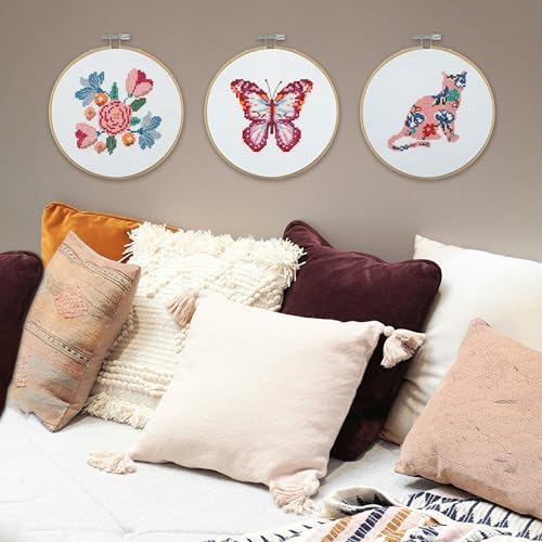Trimits 3PK Cross Stitch Bundle – Counted Embroidery Kit, Beginner & All Level Starter Set, Complete with Instructions & Thread Children Wall Home DIY Décor – 13x13cm – Butterfly, Cat, Flowers - style: Butterfly, Cat, Flowers