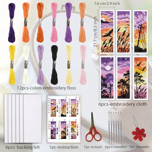 ORIGACH 6 Set Sunset Mountain Silhouette Cross Stitch Bookmark Kit - style: Sunset Landscape