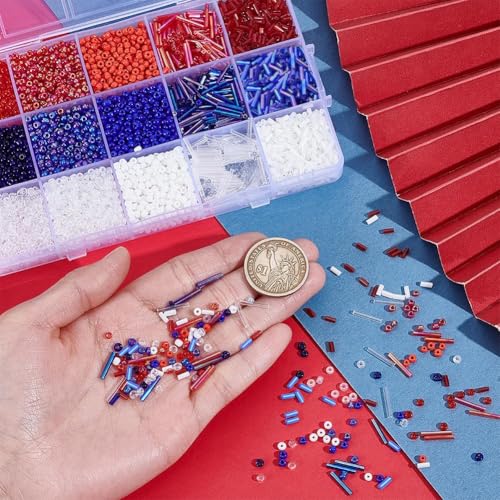 PH PandaHall 5000pcs+ 3mm Glass Seed Beads for 4th of July, 15 Style Patriotic Bead Bugle Beads Red Blue Bead for Jewelry Making Bracelet Necklace, DIY Craft, Sewing, Embroidery, Independence Day - color: Red White Blue