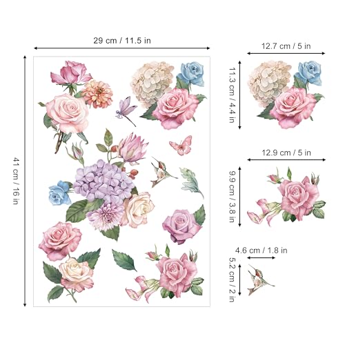 Joeyan Rub on Transfers for Crafts and Furniture - 2 Large 12"x18" Sheets Decorative Flower Stickers and Decals, DIY Home Decor for Wood Glass Metal Canvas Porcelain Paper Plastic, Rose Fantasy - style: Rose Fantasy