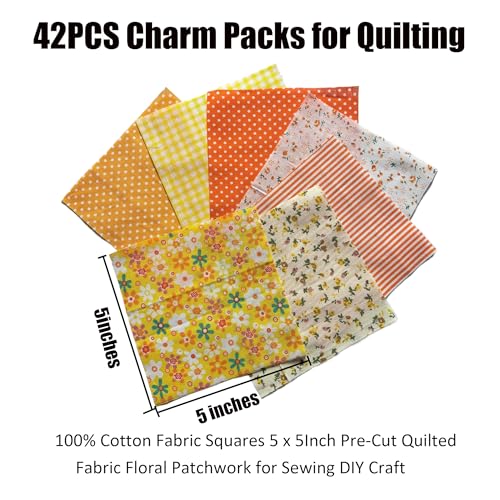 Cotton Quilting Fabric Squares, 42 Piece, 5x5 Inch, Pre-Cut