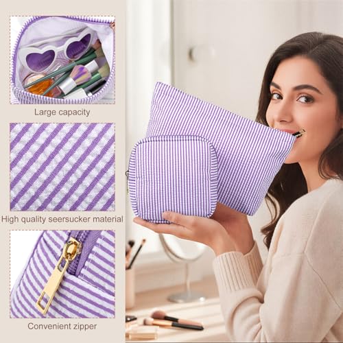 Sanwuta 4 Pcs Seersucker Pouch Striped Makeup Bag Set, Purple - color: Purple