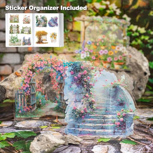 90Pcs Manor Fence PET Stickers, Vintage Garden and Floral Stickers for Scrapbooking, Journaling, DIY Crafts, with Organizer for Easy Storage - color: Mansion Fence