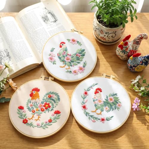 Mindsoft 3 Set Needlepoint Kit for Beginners with Hoop,Flower Rooster - style: Flower Rooster